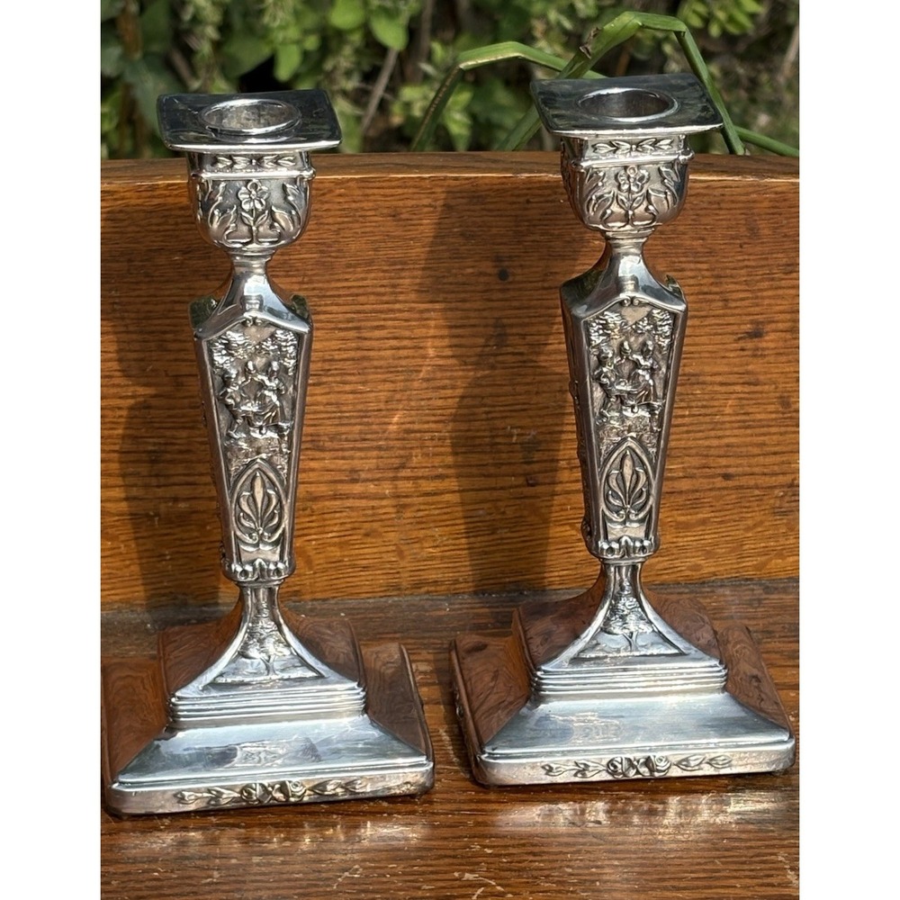 Pair Of Vintage Silver Plated Candle Sticks Holders Decorative Ornate Jennings
